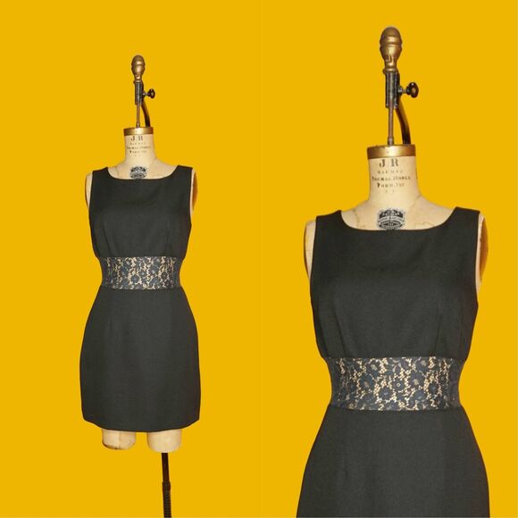 1990s-Y2K NU OZ Lace Cut Out Semi SHEER Midriff Black Party Dress. Medium-Large - Picture 1 of 6